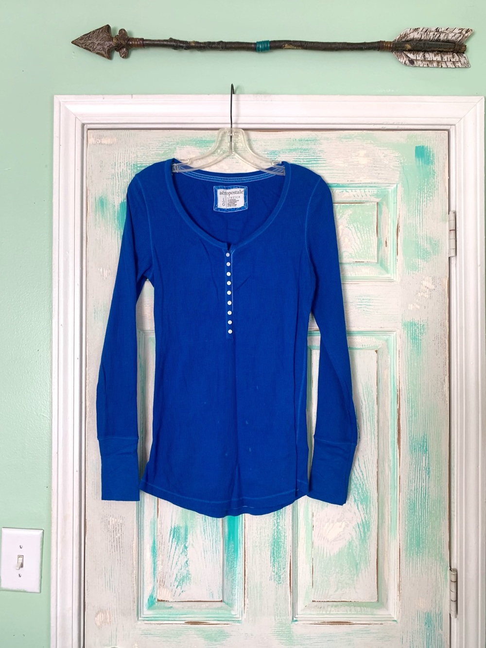 Aeropostale Cobalt Blue Thermal Henley Waffle Knit Blouse Size Large